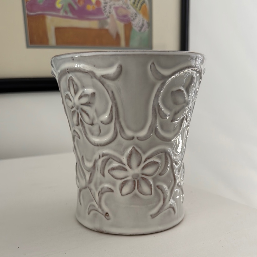 Terracotta White Glazed Floral Embossed Vase